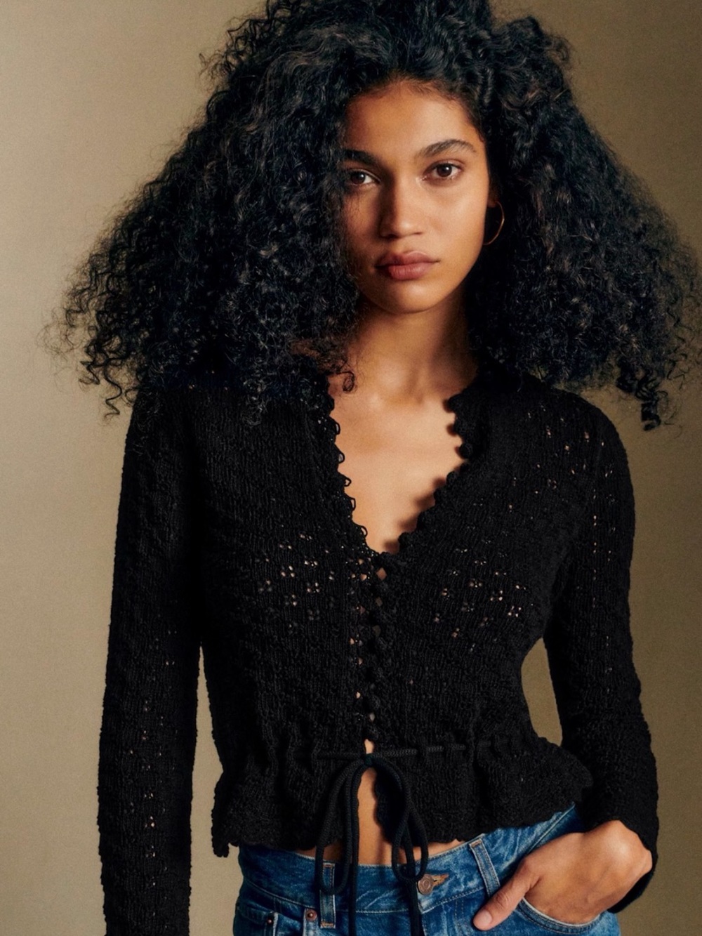 Sézane Martie Black Crocheted Tie-Front Cardigan with Scalloped Edges